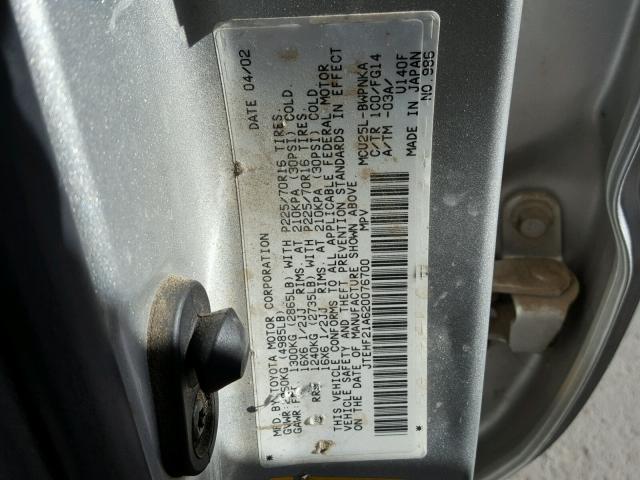 JTEHF21A620076700 - 2002 TOYOTA HIGHLANDER SILVER photo 10