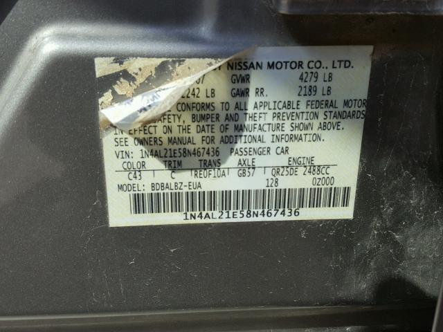 1N4AL21E58N467436 - 2008 NISSAN ALTIMA 2.5 GOLD photo 10