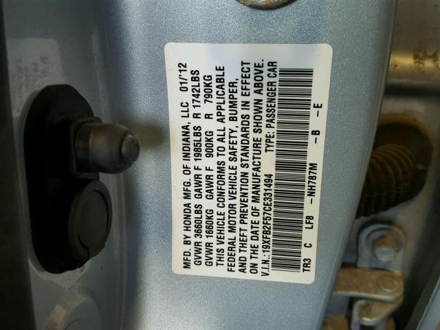 19XFB2F57CE331494 - 2012 HONDA CIVIC LX SILVER photo 10