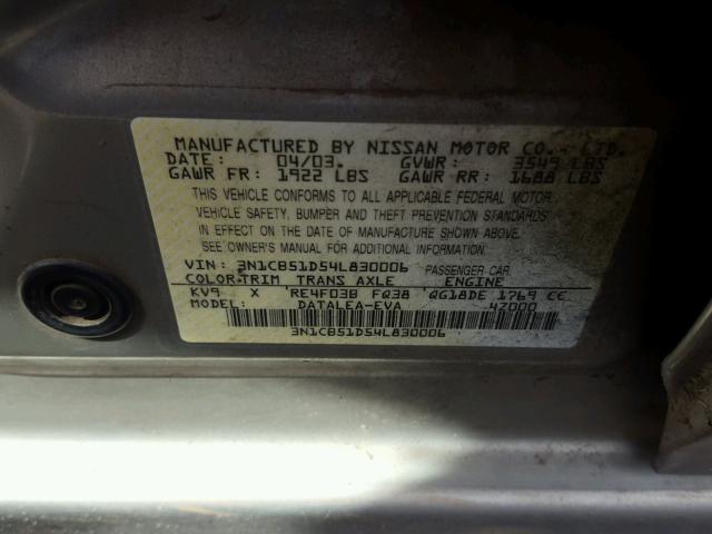 3N1CB51D54L830006 - 2004 NISSAN SENTRA 1.8 GRAY photo 10