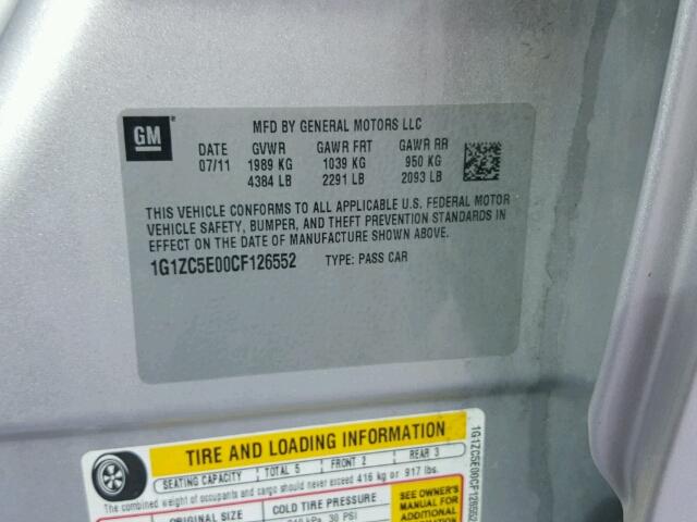 1G1ZC5E00CF126552 - 2012 CHEVROLET MALIBU 1LT 银色 照片 10