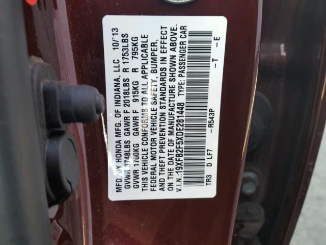 19XFB2F5XDE281448 - 2013 HONDA CIVIC LX BURGUNDY photo 10