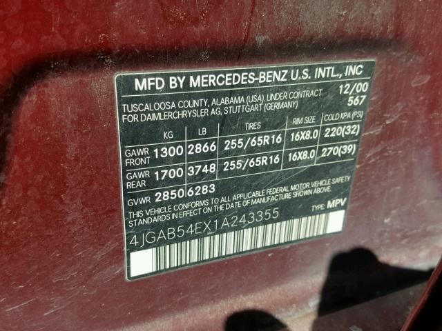 4JGAB54EX1A243355 - 2001 MERCEDES-BENZ ML 320 WHITE photo 10