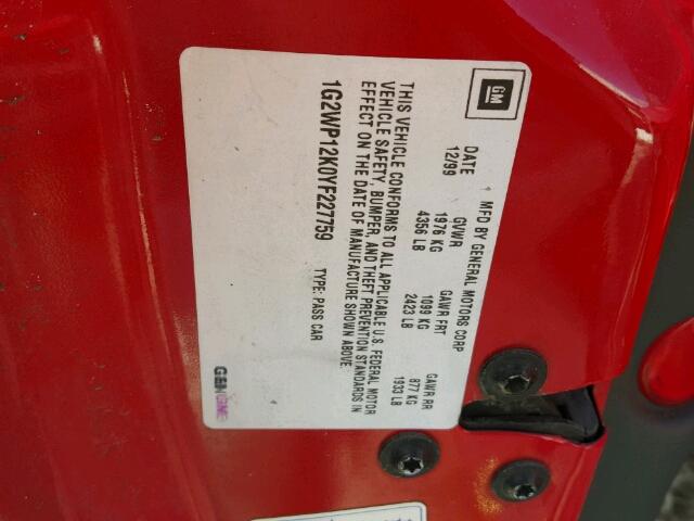 1G2WP12K0YF227759 - 2000 PONTIAC GRAND PRIX წითელი ფოტო 10