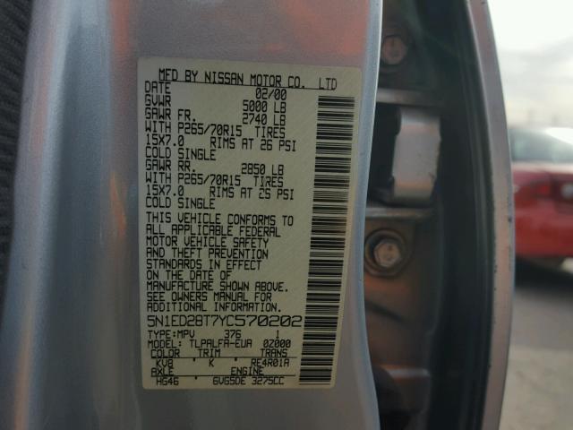 5N1ED28T7YC570202 - 2000 NISSAN XTERRA XE SILVER photo 10