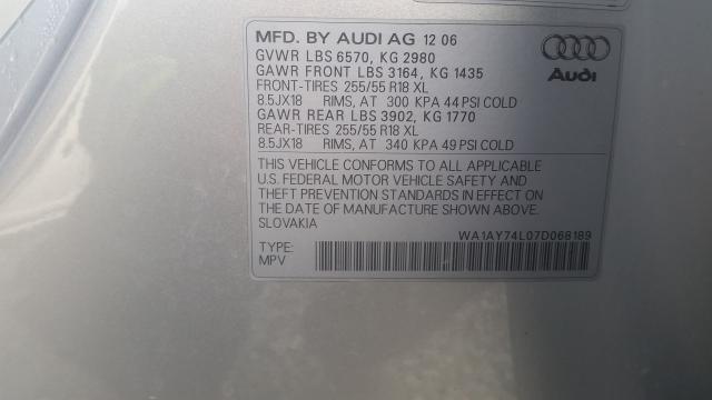 WA1AY74L07D068189 - 2007 AUDI Q7 3.6 QUA SILVER photo 9