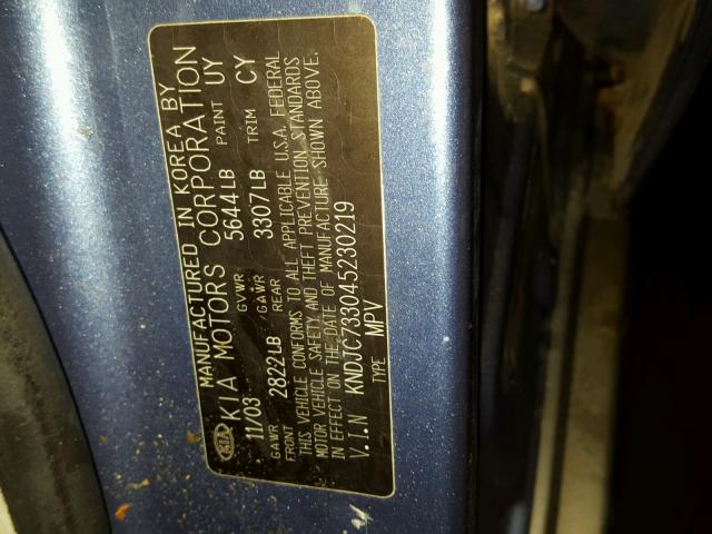 KNDJC733045230219 - 2004 KIA SORENTO EX BLUE photo 10