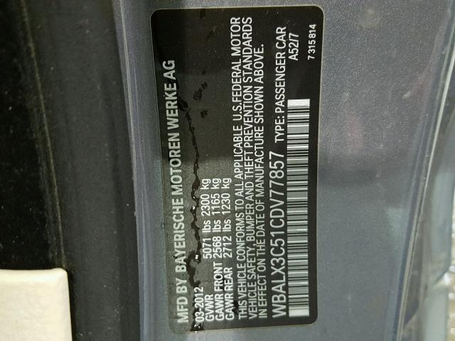 WBALX3C51CDV77857 - 2012 BMW 650 I GRAY photo 10