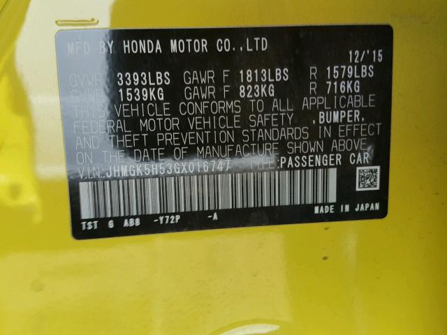 JHMGK5H53GX016747 - 2016 HONDA FIT LX Jaune photo 10