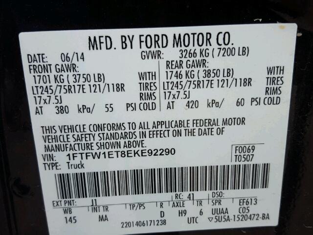 1FTFW1ET8EKE92290 - 2014 FORD F150 SUPER BLACK photo 10