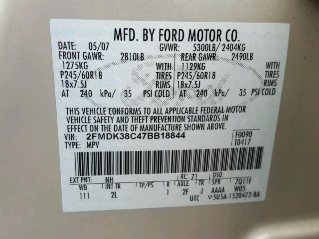 2FMDK38C47BB18844 - 2007 FORD EDGE SEL CREAM photo 10