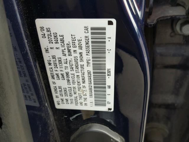 19UUA66216A046287 - 2006 ACURA 3.2TL BLUE photo 10