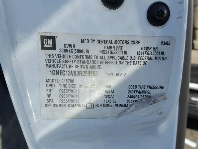 1GNEC13V83R258283 - 2003 CHEVROLET TAHOE C150 WHITE photo 10