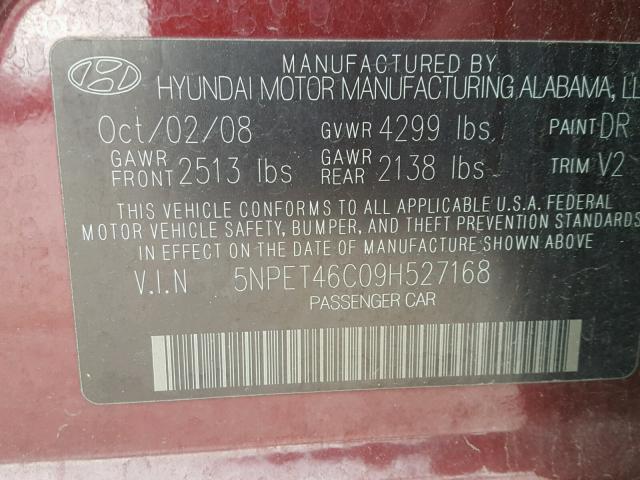 5NPET46C09H527168 - 2009 HYUNDAI SONATA GLS MAROON photo 10