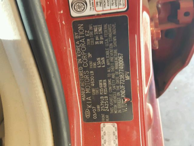 KNDJF723877400067 - 2007 KIA SPORTAGE E RED photo 10