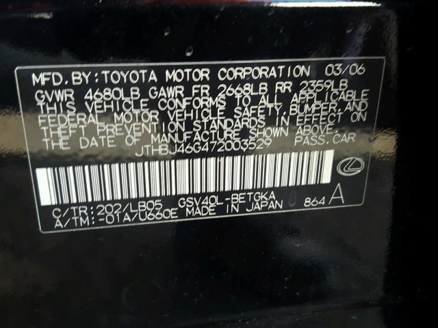 JTHBJ46G472003529 - 2007 LEXUS ES 350 BLACK photo 10