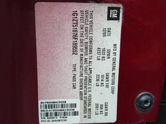 1G1ZT51876F189552 - 2006 CHEVROLET MALIBU LT MAROON photo 10
