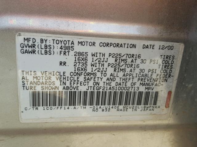 JTEGF21A510002713 - 2001 TOYOTA HIGHLANDER SILVER photo 10