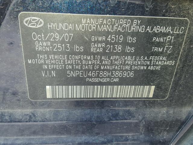 5NPEU46F88H386906 - 2008 HYUNDAI SONATA SE BLUE photo 10