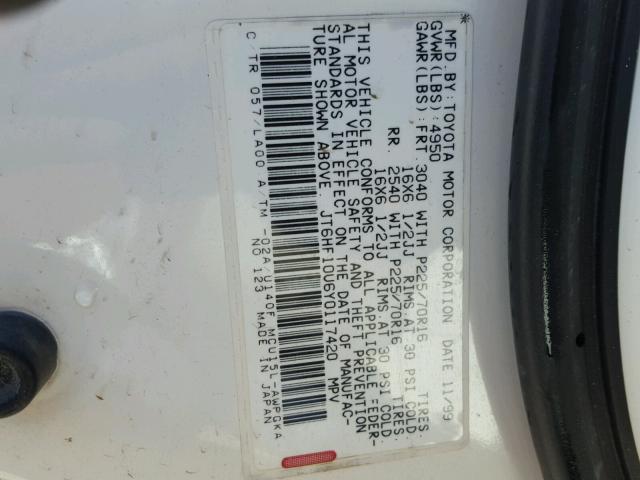 JT6HF10U6Y0117420 - 2000 LEXUS RX 300 WHITE photo 10