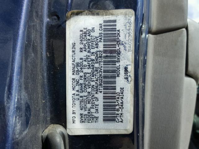 4T1BG22K3VU751622 - 1997 TOYOTA CAMRY CE BLUE photo 10