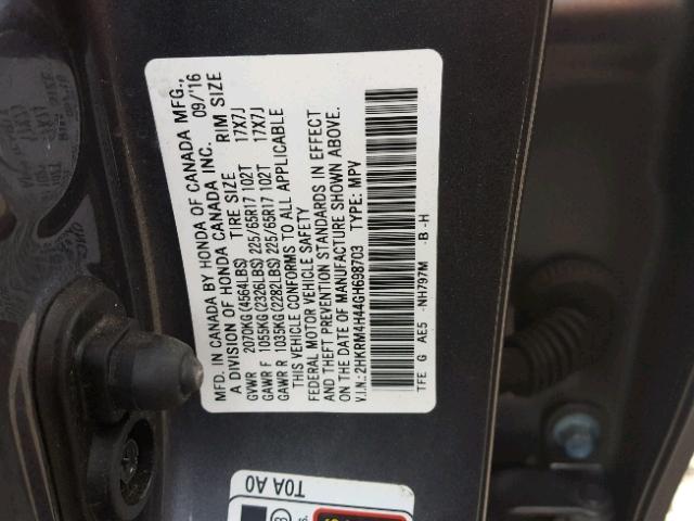 2HKRM4H44GH698703 - 2016 HONDA CR-V SE CHARCOAL photo 10