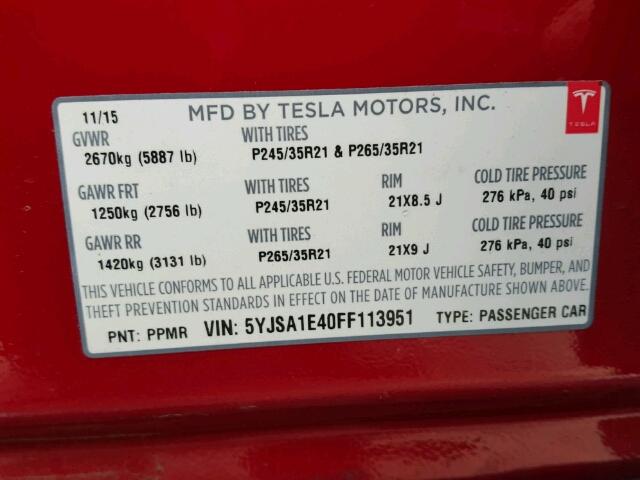5YJSA1E40FF113951 - 2015 TESLA MODEL S RED photo 10