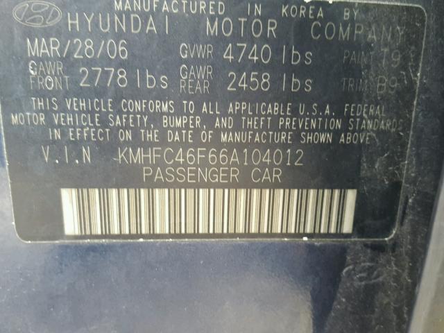 KMHFC46F66A104012 - 2006 HYUNDAI AZERA SE BLUE photo 10