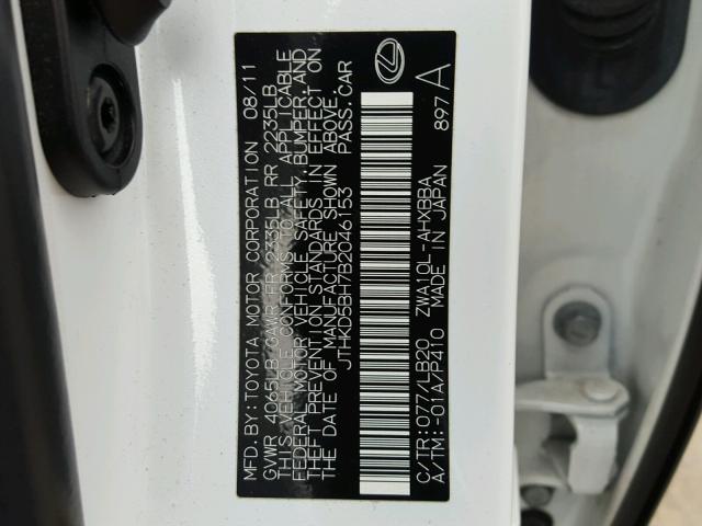 JTHKD5BH7B2046153 - 2011 LEXUS CT 200 WHITE photo 10