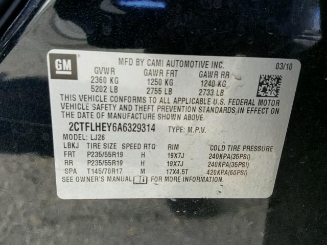 2CTFLHEY6A6329314 - 2010 GMC TERRAIN SL BLACK photo 10