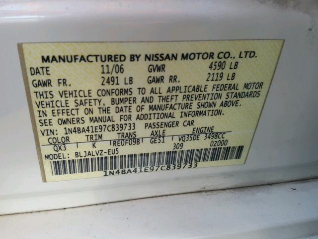 1N4BA41E97C839733 - 2007 NISSAN MAXIMA SE WHITE photo 10