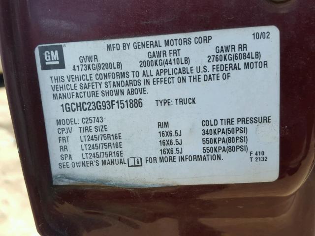 1GCHC23G93F151886 - 2003 CHEVROLET SILVERADO MAROON photo 10