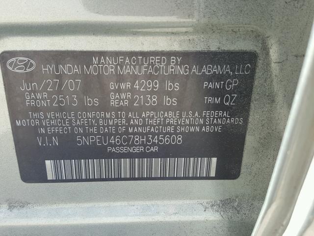 5NPEU46C78H345608 - 2008 HYUNDAI SONATA SE GREEN photo 10