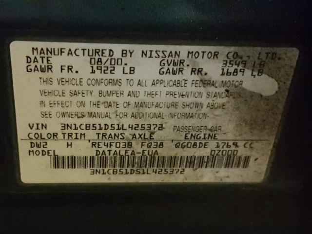 3N1CB51D51L425372 - 2001 NISSAN SENTRA XE GREEN photo 10