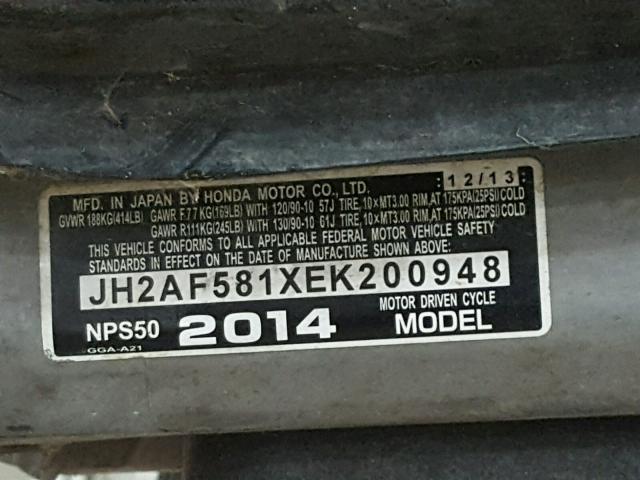 JH2AF581XEK200948 - 2014 HONDA NPS50 BLACK photo 10