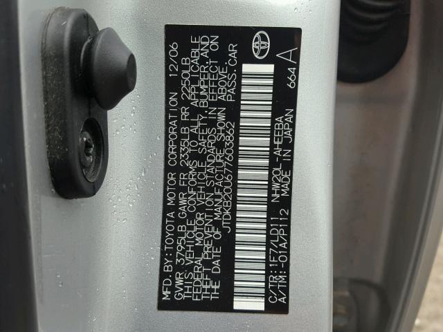 JTDKB20U677603862 - 2007 TOYOTA PRIUS SILVER photo 10