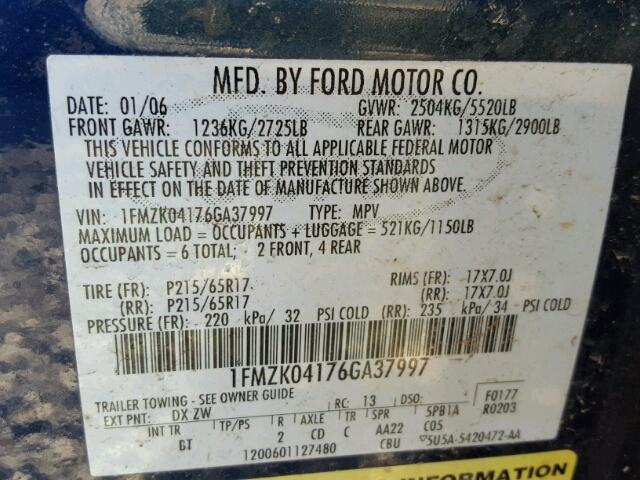 1FMZK04176GA37997 - 2006 FORD FREESTYLE BLUE photo 10