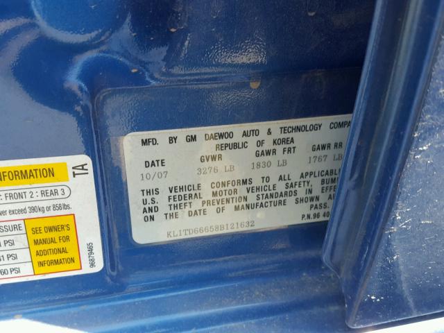 KL1TD66658B121632 - 2008 CHEVROLET AVEO BASE Mavi fotoğraf 10