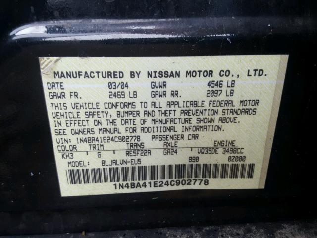 1N4BA41E24C902778 - 2004 NISSAN MAXIMA SE BLACK photo 10