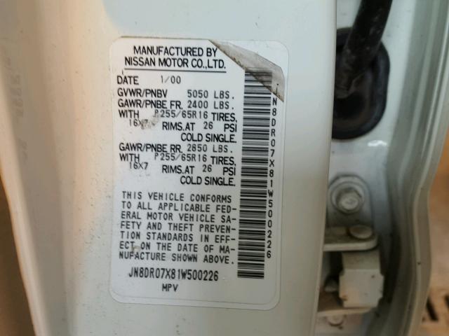 JN8DR07X81W500226 - 2001 NISSAN PATHFINDER WHITE photo 10