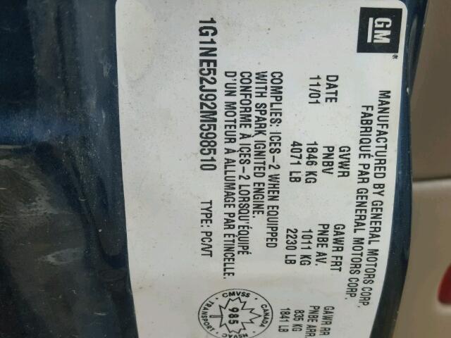 1G1NE52J92M598510 - 2002 CHEVROLET MALIBU LS მწვანე ფოტო 10