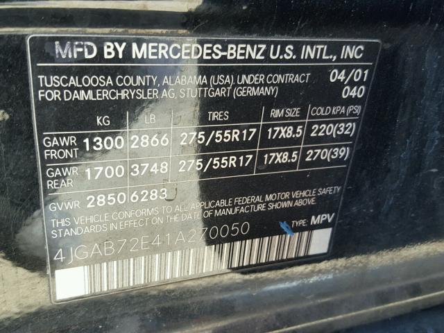 4JGAB72E41A270050 - 2001 MERCEDES-BENZ ML 430 BLACK photo 10