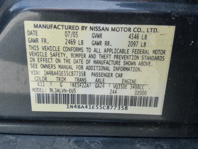 1N4BA41E55C877358 - 2005 NISSAN MAXIMA SE GRAY photo 10