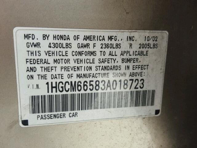 1HGCM66583A018723 - 2003 HONDA ACCORD TAN photo 10