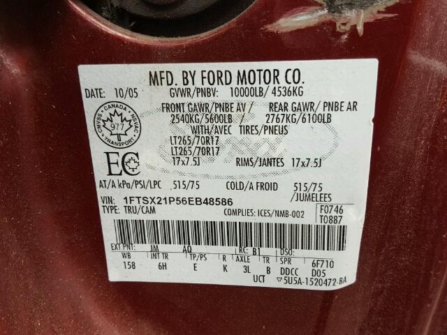 1FTSX21P56EB48586 - 2006 FORD F250 SUPER RED photo 10