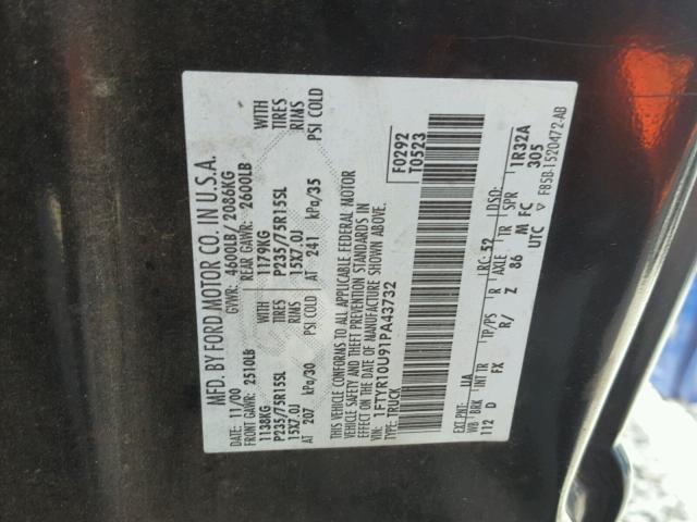 1FTYR10U91PA43732 - 2001 FORD RANGER BLACK photo 10