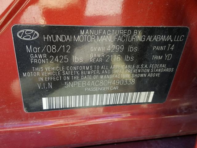 5NPEB4AC8CH490338 - 2012 HYUNDAI SONATA GLS RED photo 10