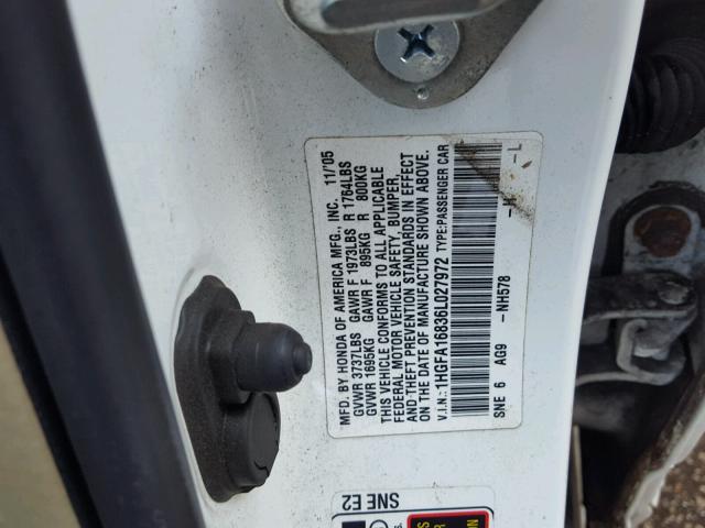 1HGFA16836L027972 - 2006 HONDA CIVIC EX თეთრი ფოტო 10