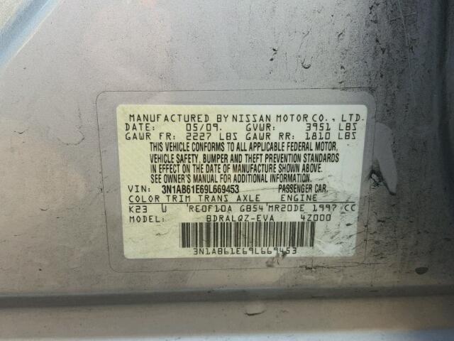 3N1AB61E69L669453 - 2009 NISSAN SENTRA 2.0 SILVER photo 10