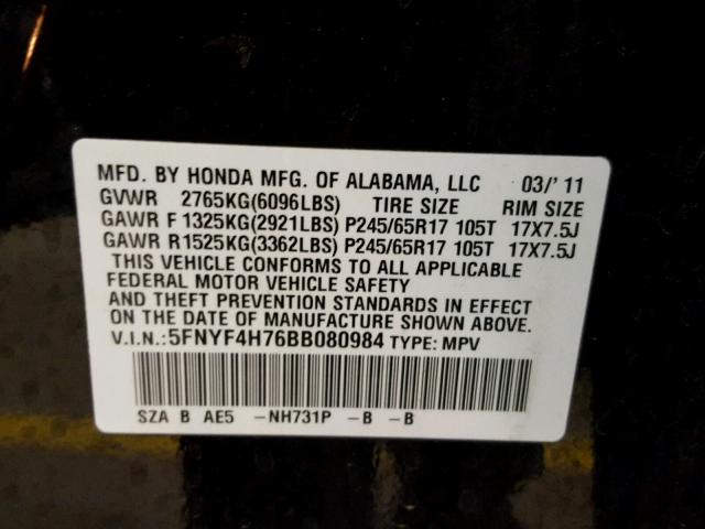 5FNYF4H76BB080984 - 2011 HONDA PILOT EXLN BLACK photo 10